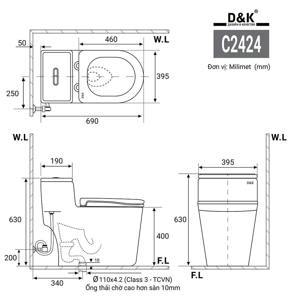 Bản vẽ kỉ thuật bàn cầu 1 khối DK-C2424