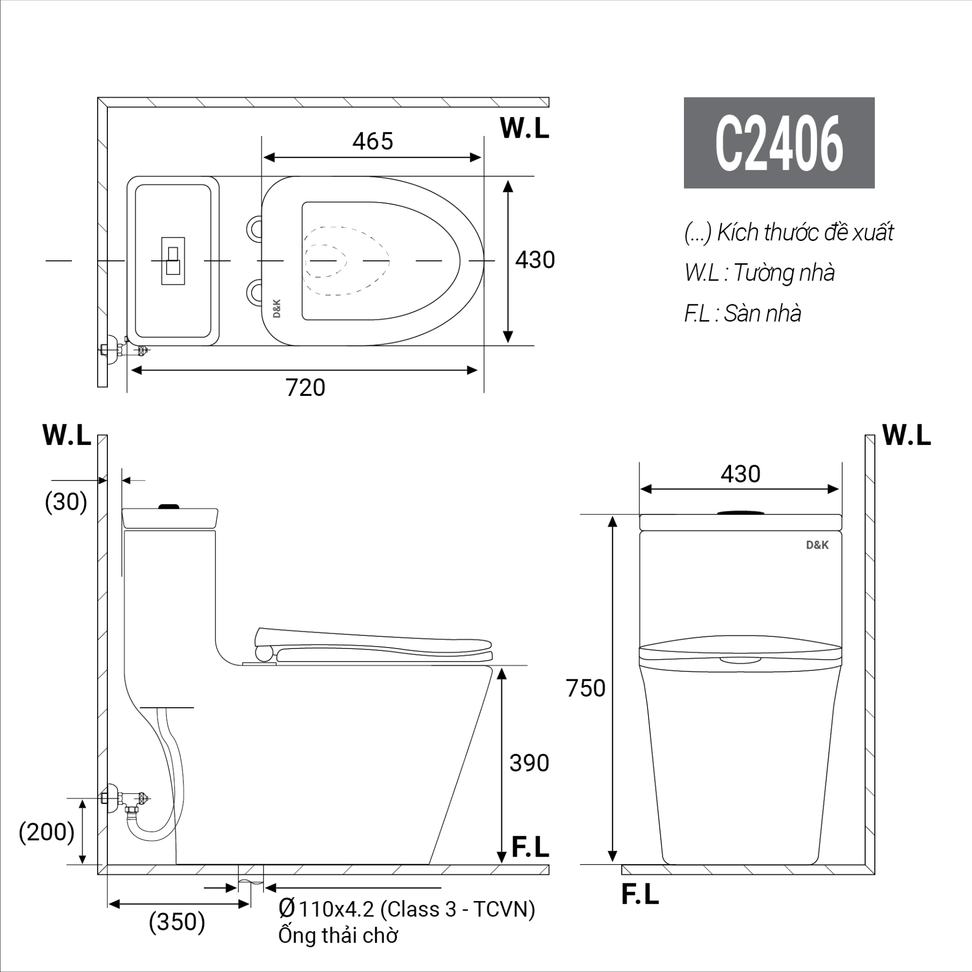 Bản vẽ kĩ thuật bàn cầu 1 khối DK-2406