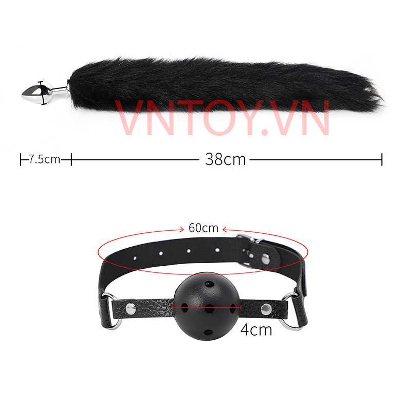 Đồ chơi BDSM 5 món Đuôi cáo, Gag Ball, Kẹp ti, Tai mèo và Choker cổ