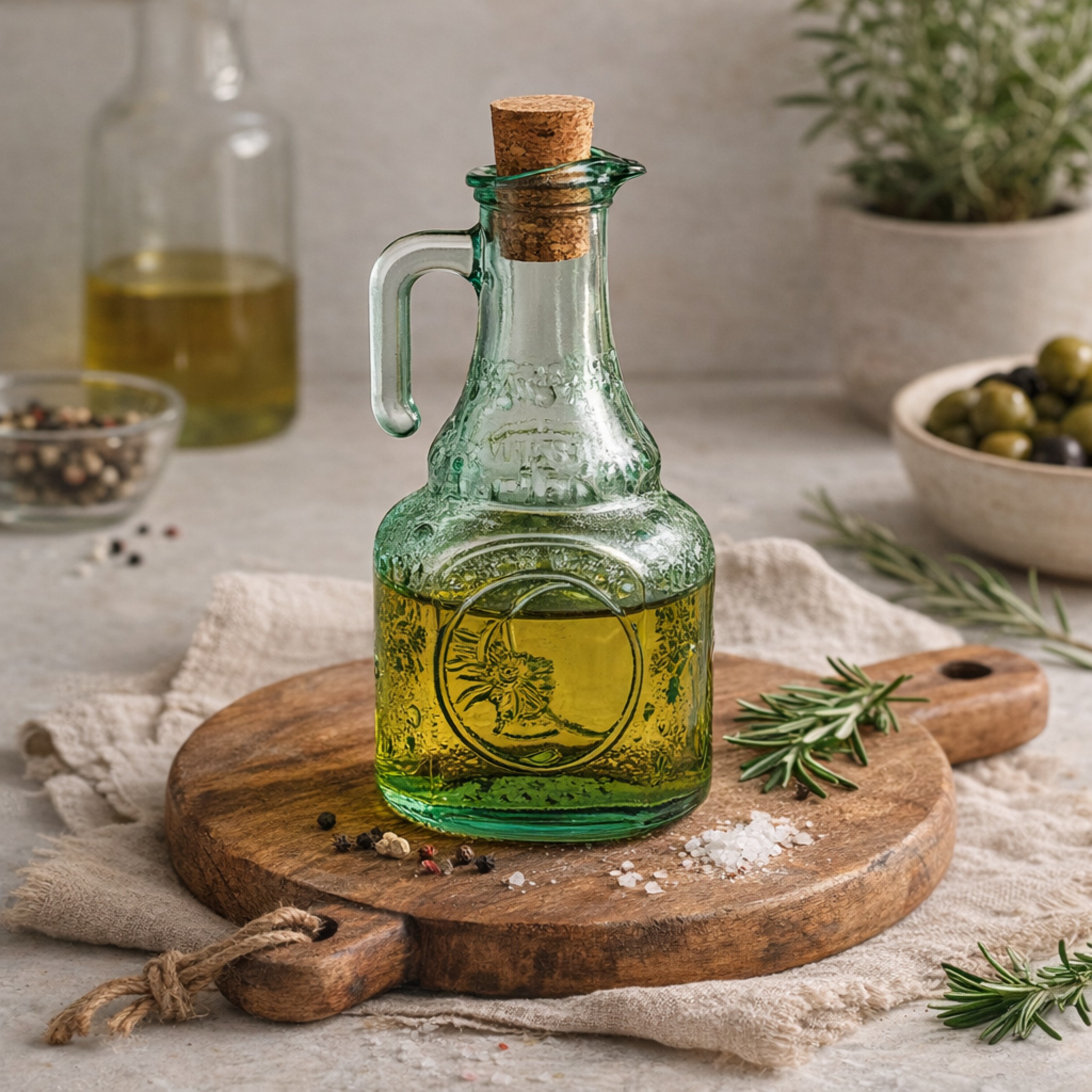 Bình thủy tinh đựng dầu olive có nút bần đặt trên thớt gỗ phong cách rustic – khangkiet.vn