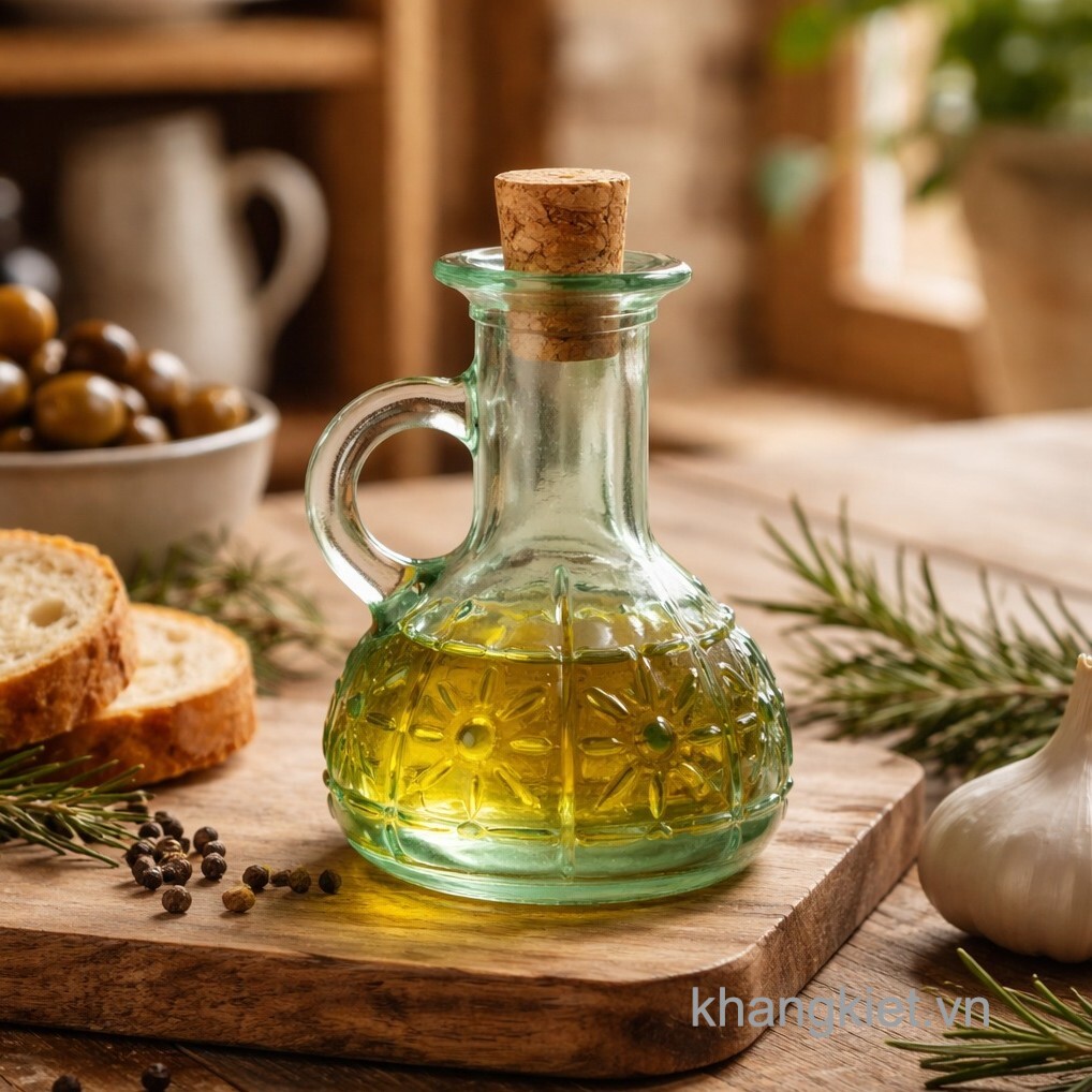 Bình rót gia vị thủy tinh C.H Olivia 220ml đựng dầu oliu phong cách vintage trên bàn gỗ rustic