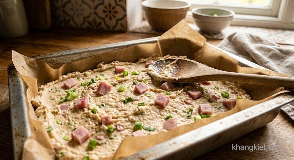 Nhân bánh croquette giăm bông và hành lá sánh mịn được dàn trong khay lót giấy nến, đặt trên bàn gỗ trong căn bếp phong cách châu Âu