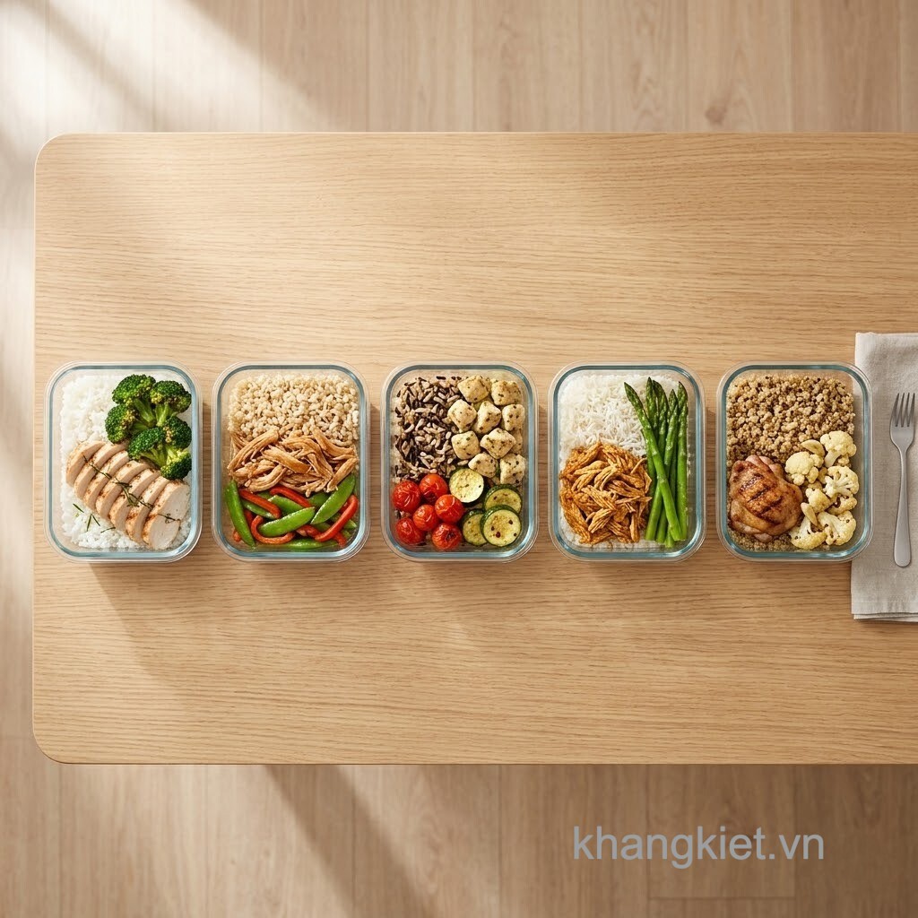 meal prep bằng hộp thủy tinh