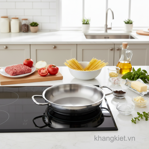 Nguyên liệu Mì Ý sốt bò bằm gồm mì, thịt bò bằm, cà chua, hành tây, gia vị đặt cạnh chảo 2 quai inox Korkmaz 18/10 trên bếp từ trong bếp hiện đại
