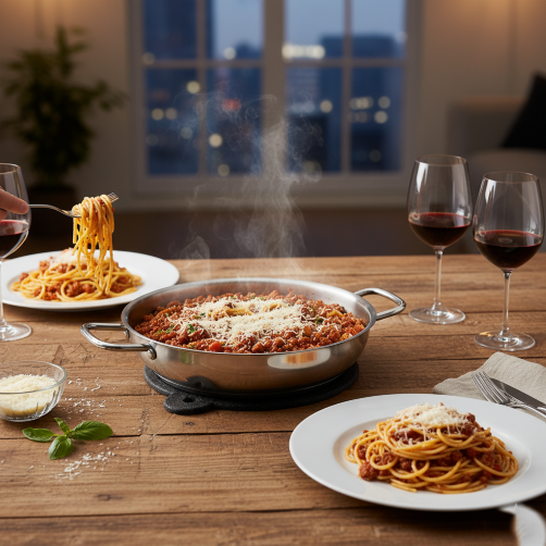 Đĩa Mì Ý sốt bò bằm (Spaghetti Bolognese) hoàn thành, sợi mì vàng óng quyện với sốt đậm đà, sẵn sàng phục vụ