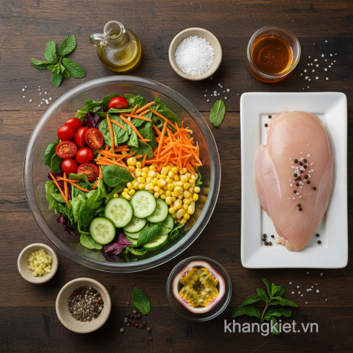 Nguyên liệu chuẩn bị món salad ức gà sốt chanh dây