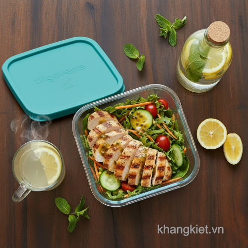 Món salad ức gà healthy bảo quản trong hộp thủy tinh Frigoverre Bormioli Rocco tiện lợi