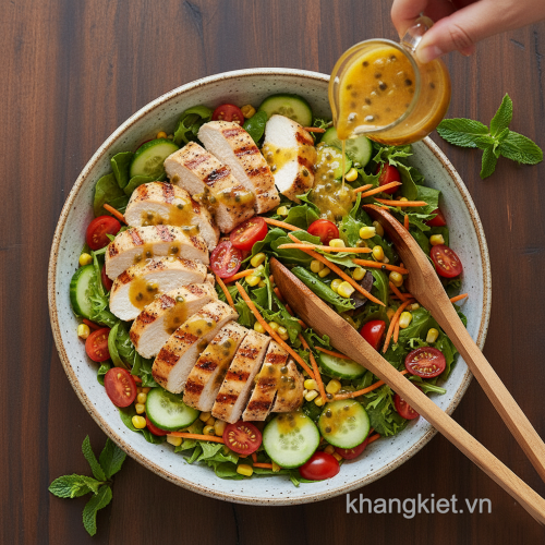 Salad ức gà sốt chanh dây với rau củ tươi, cà chua bi, dưa leo, cà rốt và bắp Mỹ