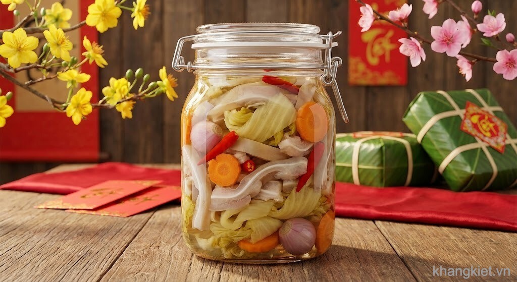 Tai heo ngâm chua ngọt ngày Tết đựng trong hũ thủy tinh trong suốt