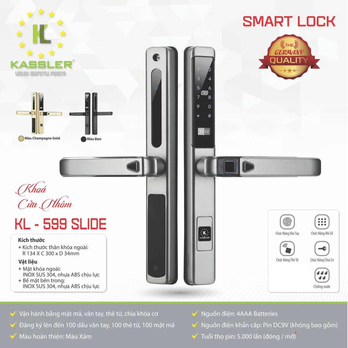 Khóa cửa nhôm Kassler KL599 SLIDE