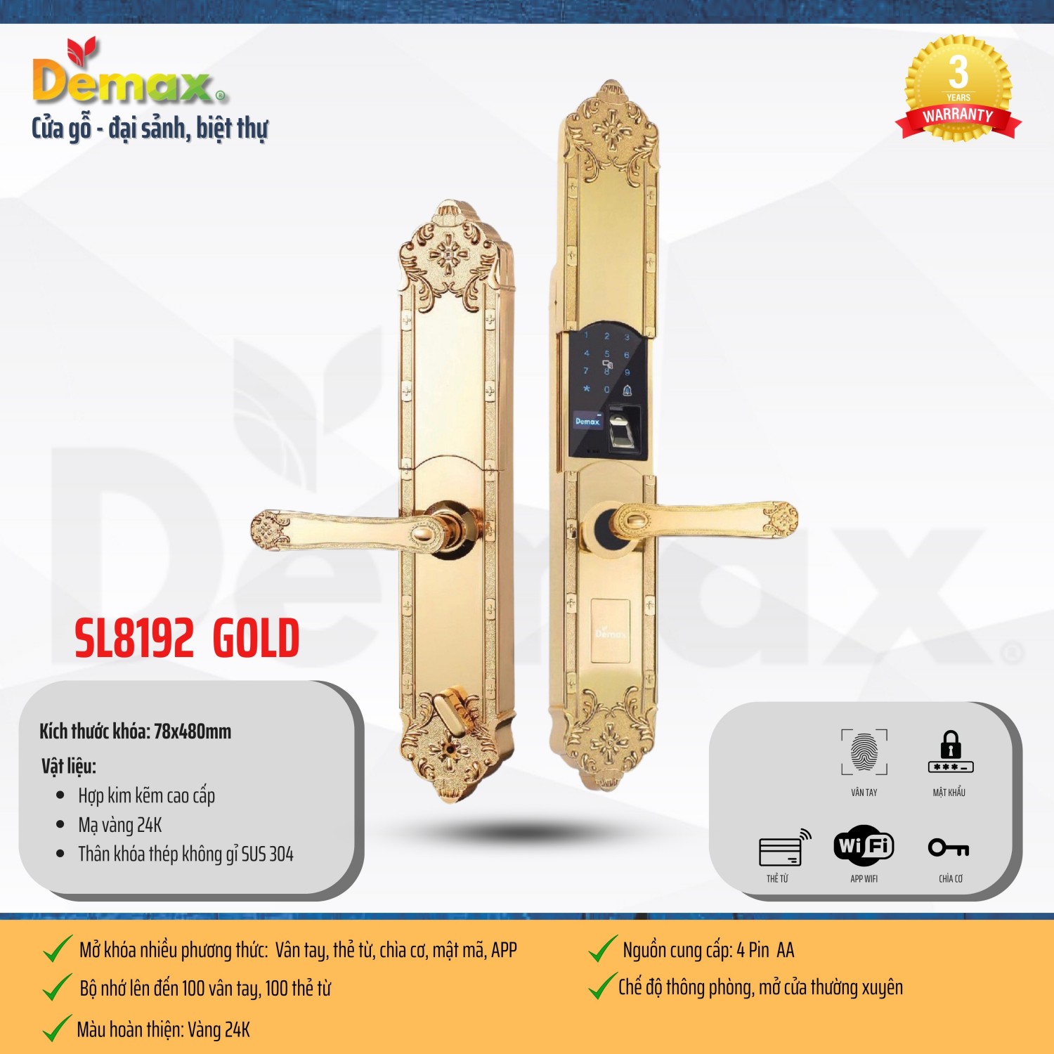 Khóa cửa đại sảnh Demax SL 8192 Gold