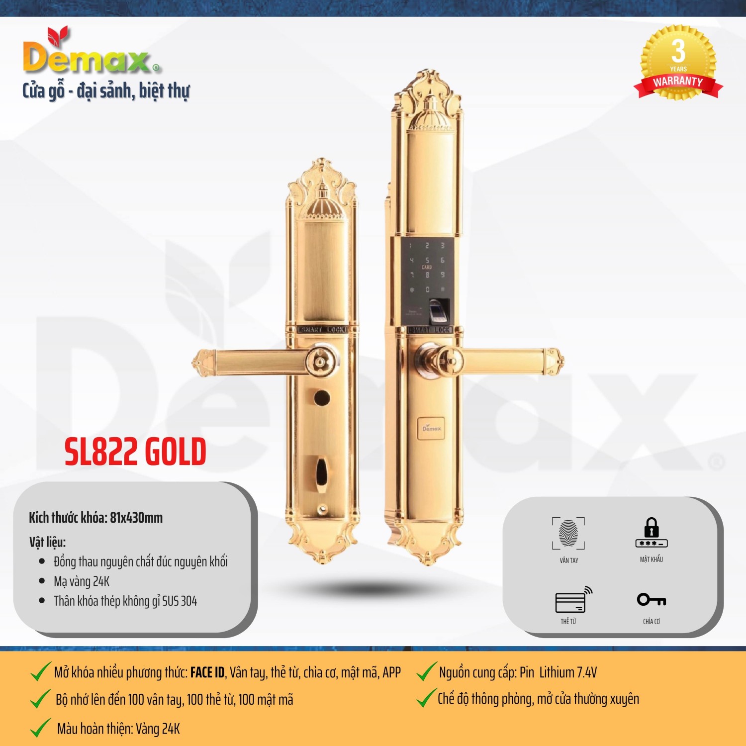 Khóa cửa đại sảnh Demax SL822 GOLD