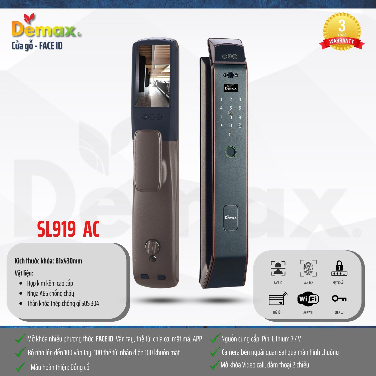 Khóa cửa nhận diện khuôn mặt Demax SL919AC