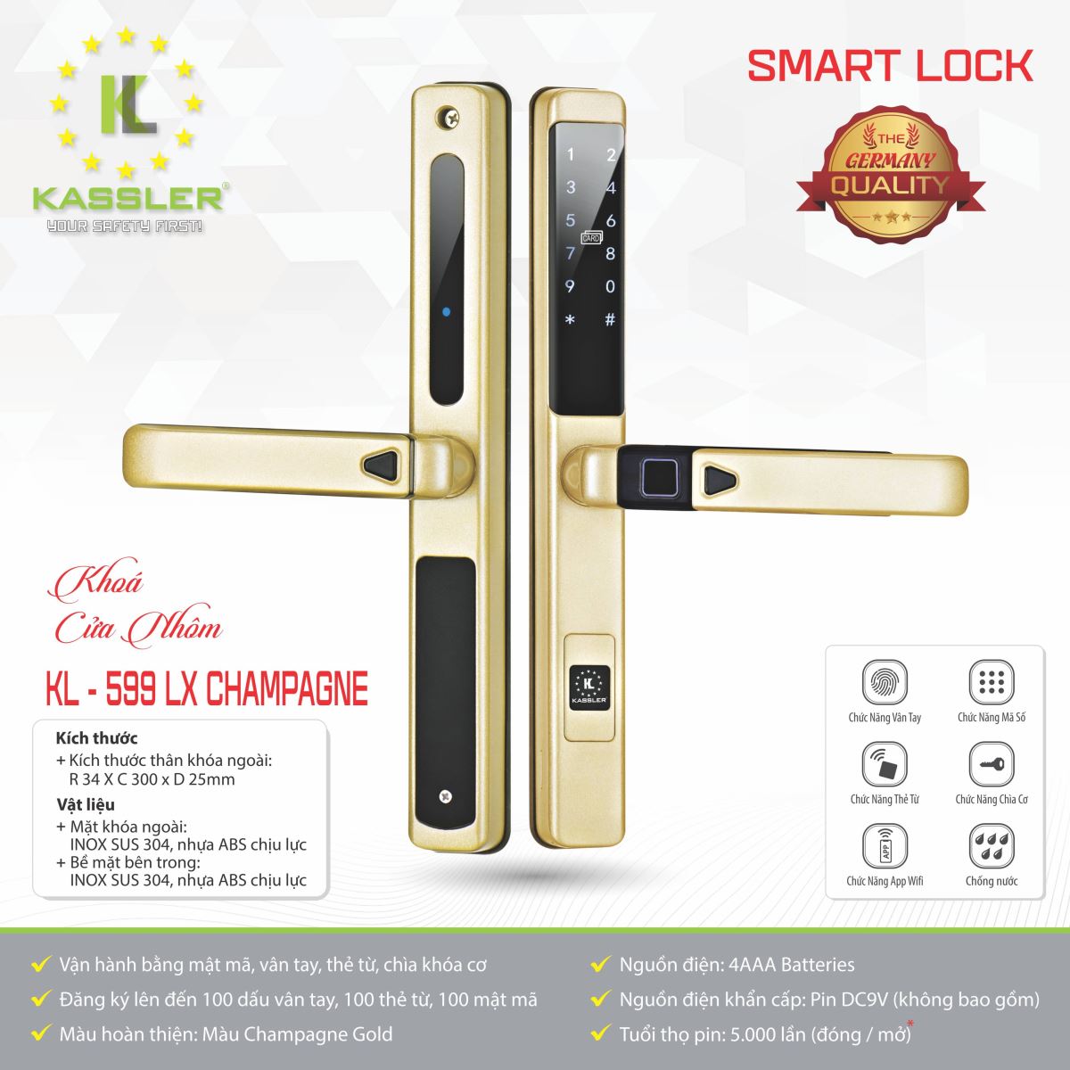 Khóa cửa nhôm Kassler KL599 LX CHAMPAGNE