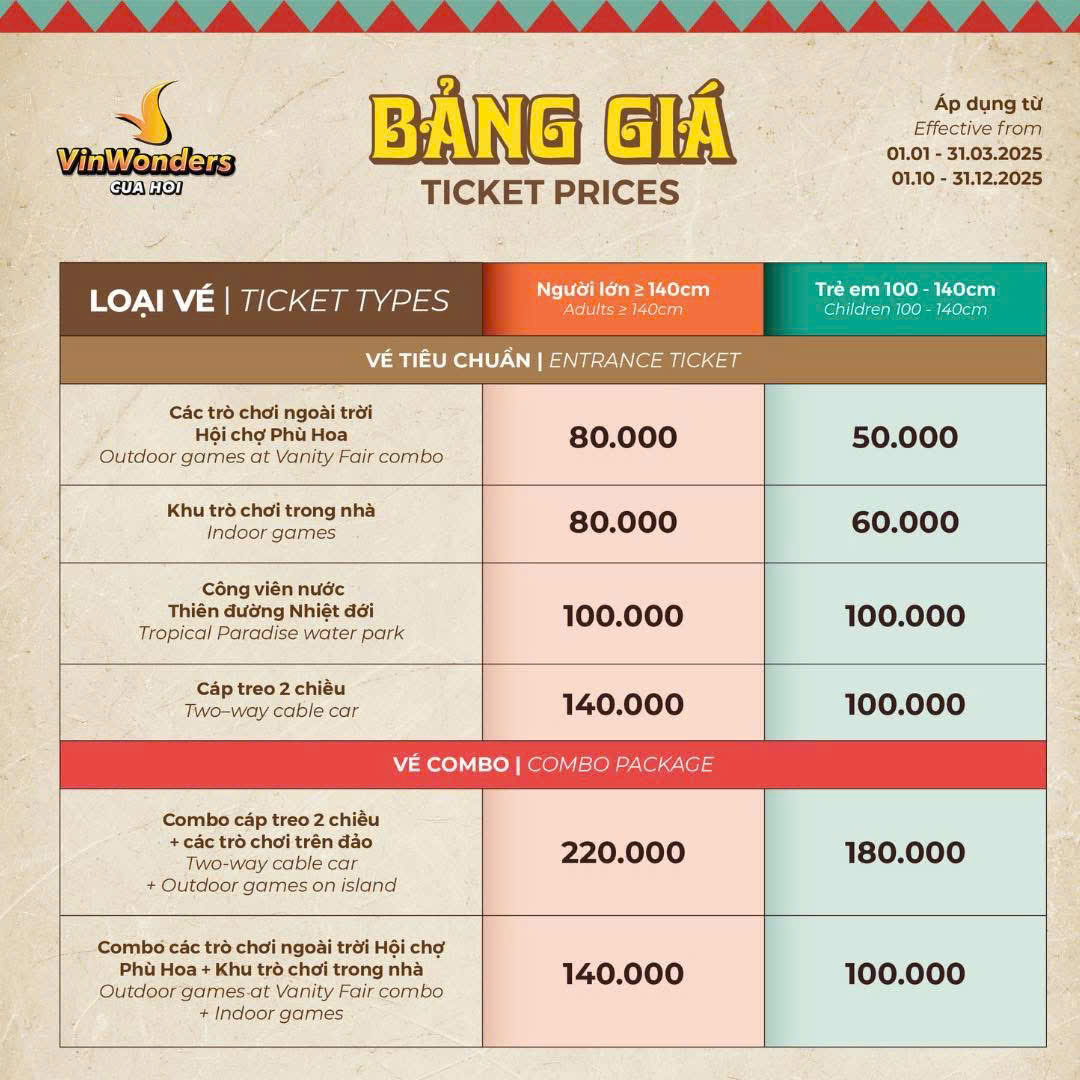 cập nhật chính sách giá vé ưu đãi 31/3/2025