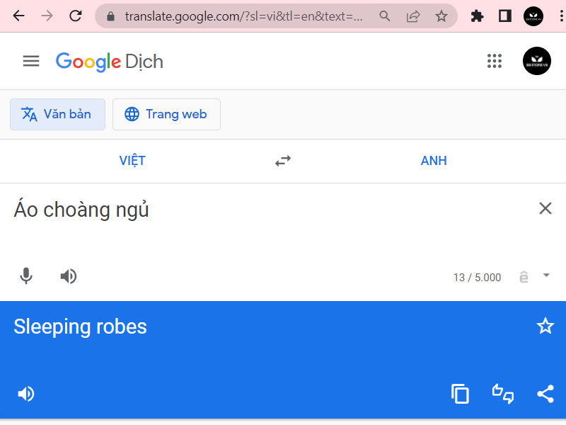 Hình ảnh dịch áo choàng ngủ sang tiếng anh của ứng dụng Google Translate