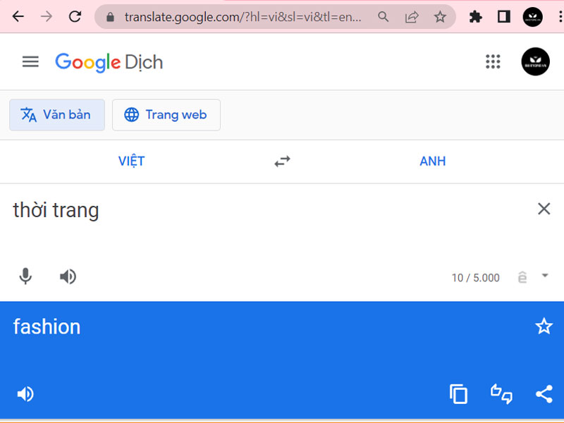 Hình ảnh dịch thời trang sang tiếng anh của ứng dụng Google Translate