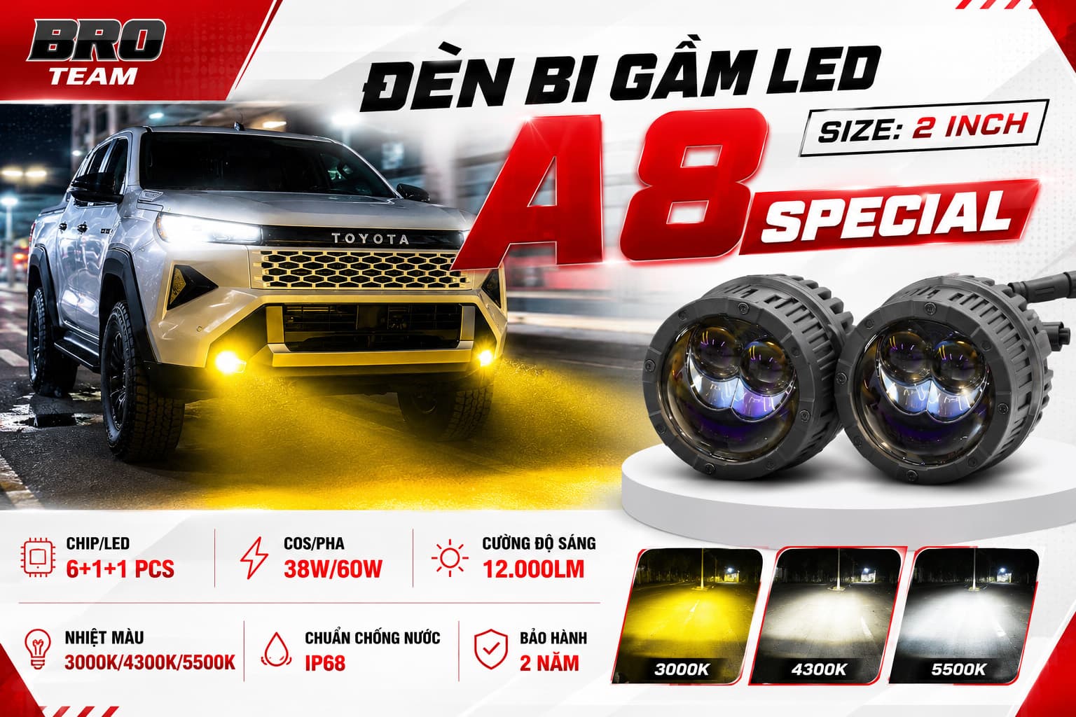 Đèn Bi Gầm LED A8 Special Cho Toyota Hilux