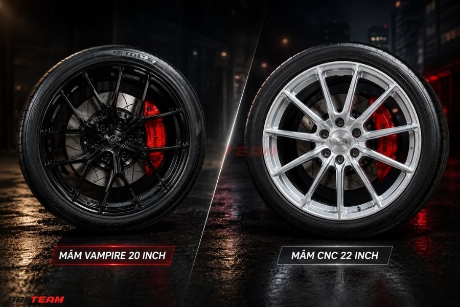 Ford Everest so sánh mâm đen vampire 20 inch và mâm CNC 22 inch