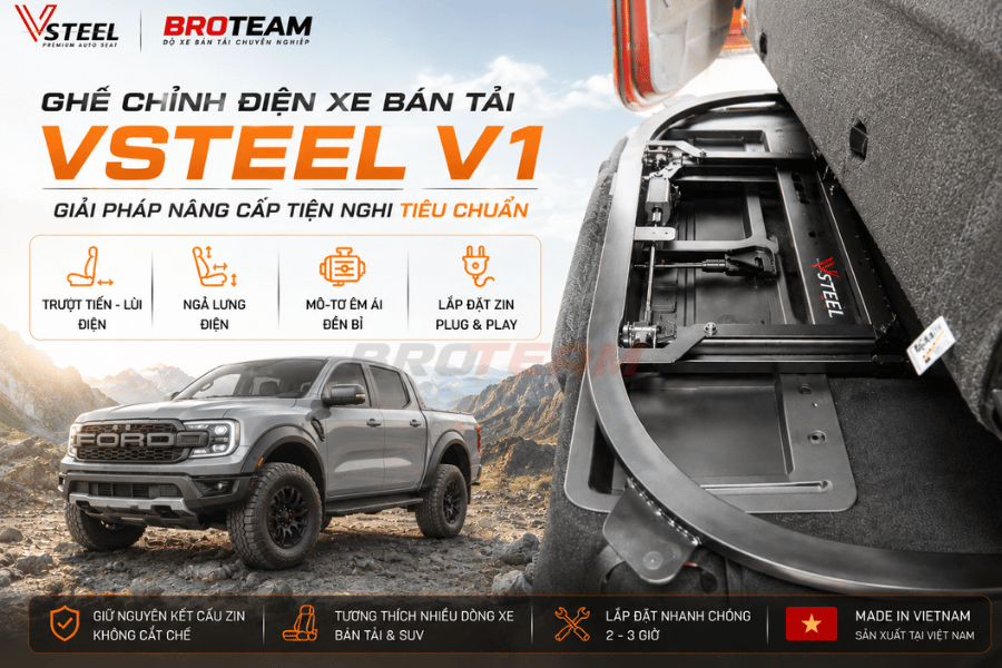 Ghế chỉnh điện Vsteel V1 khi lắp đặt lên xe bán tải