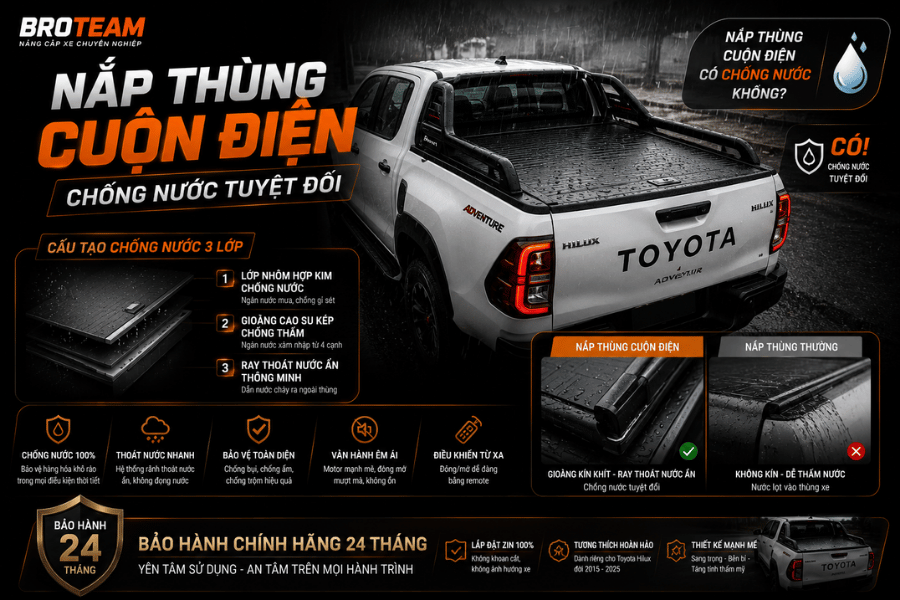 Toyota Hilux độ nắp thùng chống nước tuyệt đối khi xe đi mưa hoặc ngập sâu