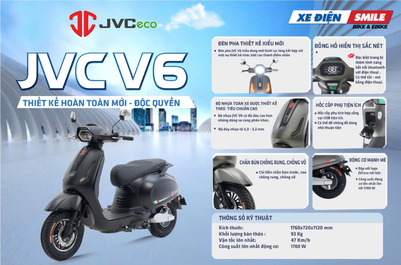 xe máy điện JVC V6 sở hữu nhiều tiện ích tiện lợi