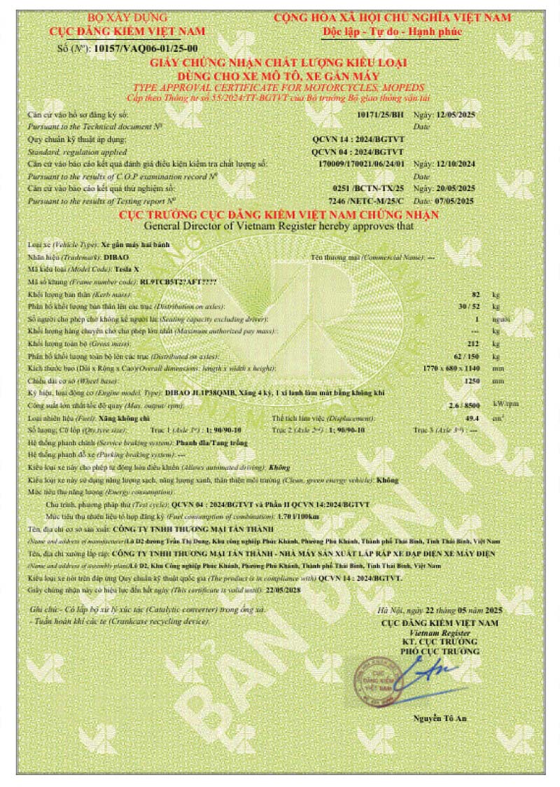 Giấy chứng nhận chất lượng DIBAO Tesla X