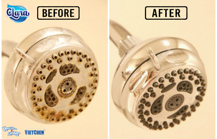 Vòi hoa sen sau khi sử dụng Tẩy cặn canxi Clara