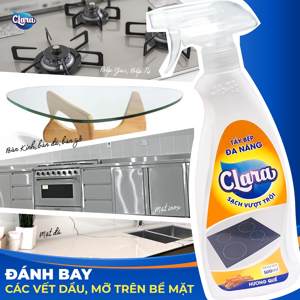 Tẩy bếp đa năng Clara đánh bay các vết dầu mỡ trên nhiều thiết bị
