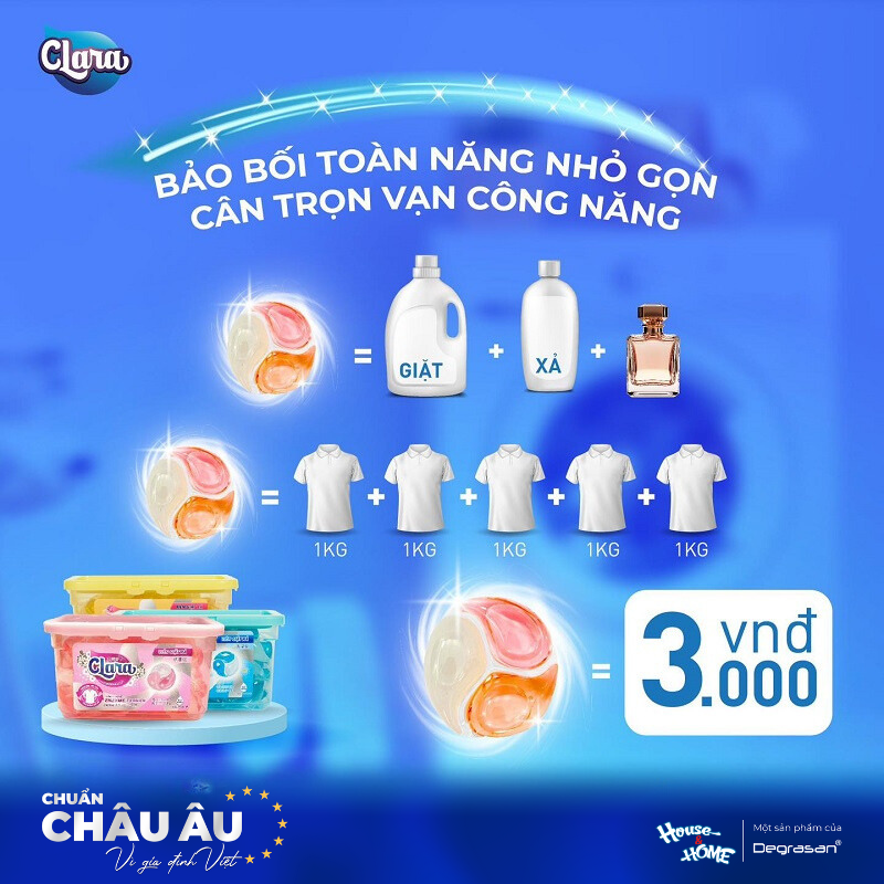 Tối ưu quy trình giặt giũ chỉ với 3.000đ với viên giặt xả 3in1 CLARA công thức chuẩn Châu Âu