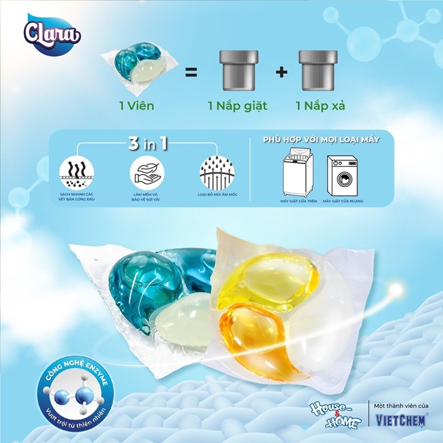 Viên giặt xả CLARA phù hợp với mọi loại máy giặt