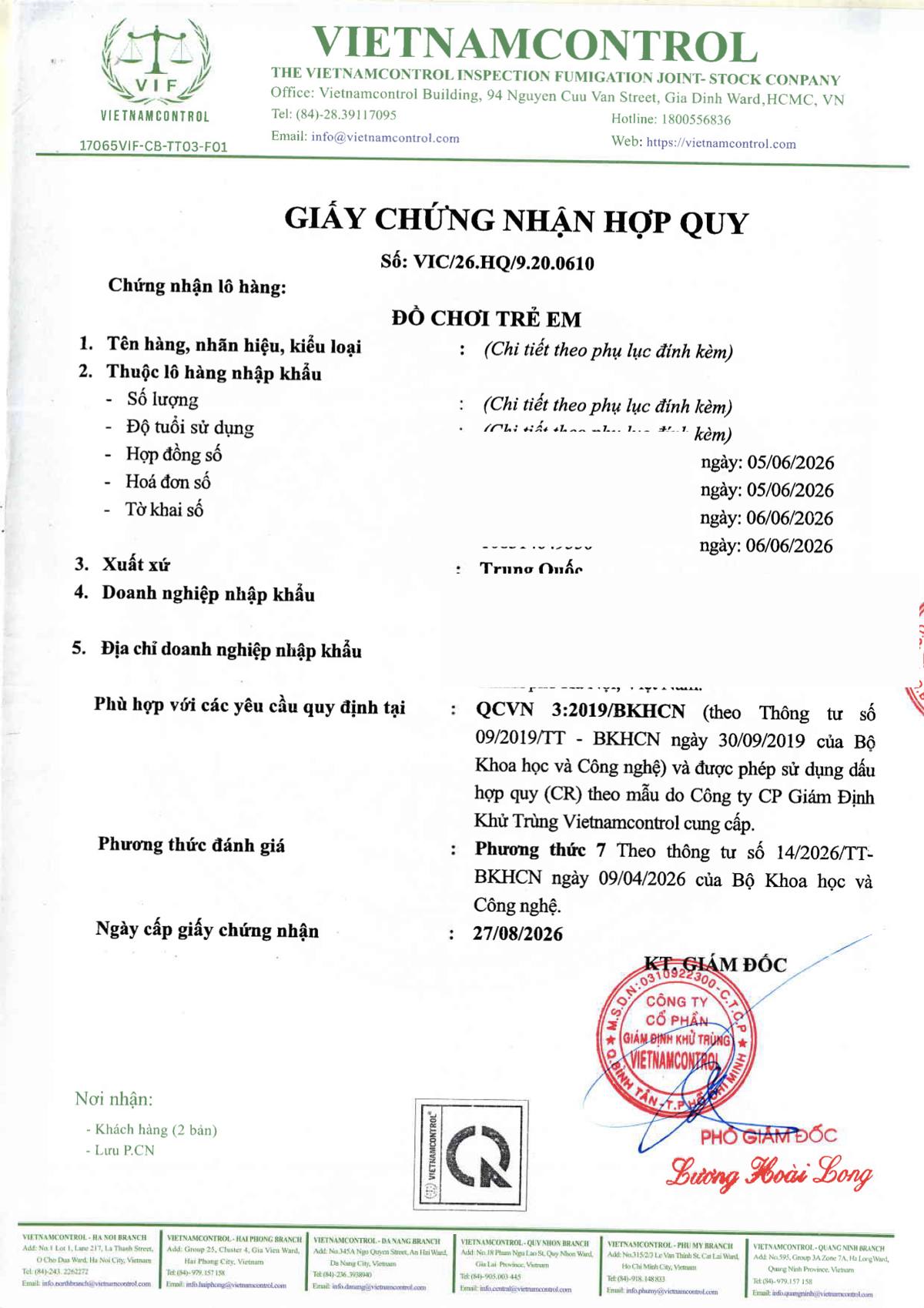 Trang 1 giấy chứng nhận hợp quy VIC/26.HQ/9.20.0610