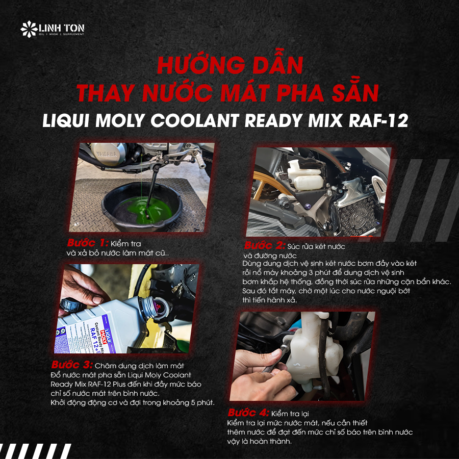 Quy trình thay nước mát pha sẵn Liqui Moly Coolant Ready Mix  RAF-12 Plus cho xe