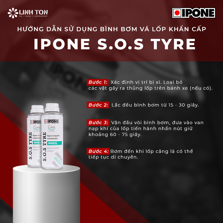 Cách sử dụng sản phẩm bình bơm vá lốp xe khẩn cấp Ipone S.O.S Tyre