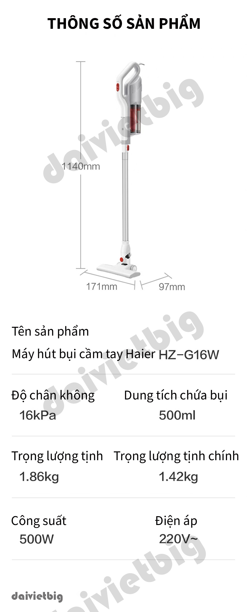 Máy hút bụi cầm tay Haier G16W, Hút bụi giường nệm,ô tô, lực hút 16.000Pa cao cấp