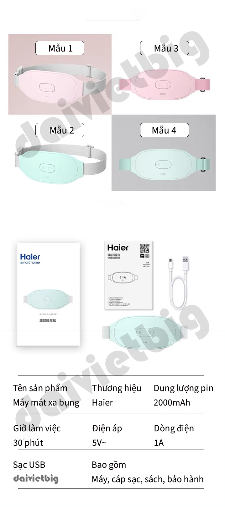 Máy Chườm Bụng Kinh-Đai Massage Giảm Đau Bụng Kinh Haier HZT-Y05L-Hỗ Trợ Chống Lão Hóa-Quà Tặng Bạn Gái