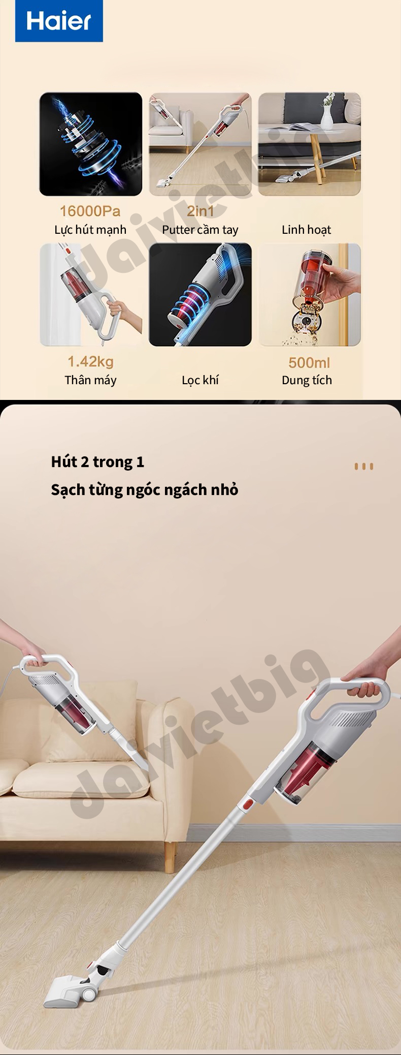 Máy hút bụi cầm tay Haier G16W, Hút bụi giường nệm,ô tô, lực hút 16.000Pa cao cấp