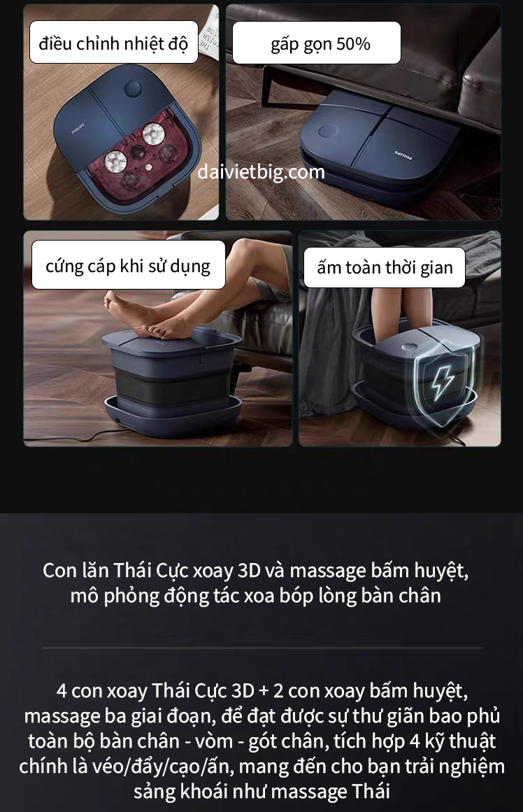 Bồn ngâm chân gấp gọn massage tự động Philips, Chậu ngâm chân mát xa lưu thông dễ ngủ- bản đặc biệt 2025
