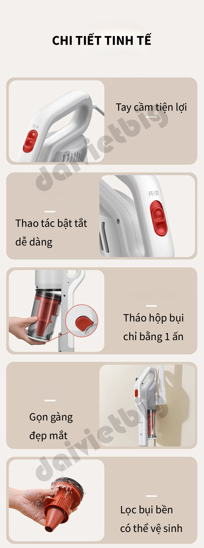 Máy hút bụi cầm tay Haier G16W, Hút bụi giường nệm,ô tô, lực hút 16.000Pa cao cấp