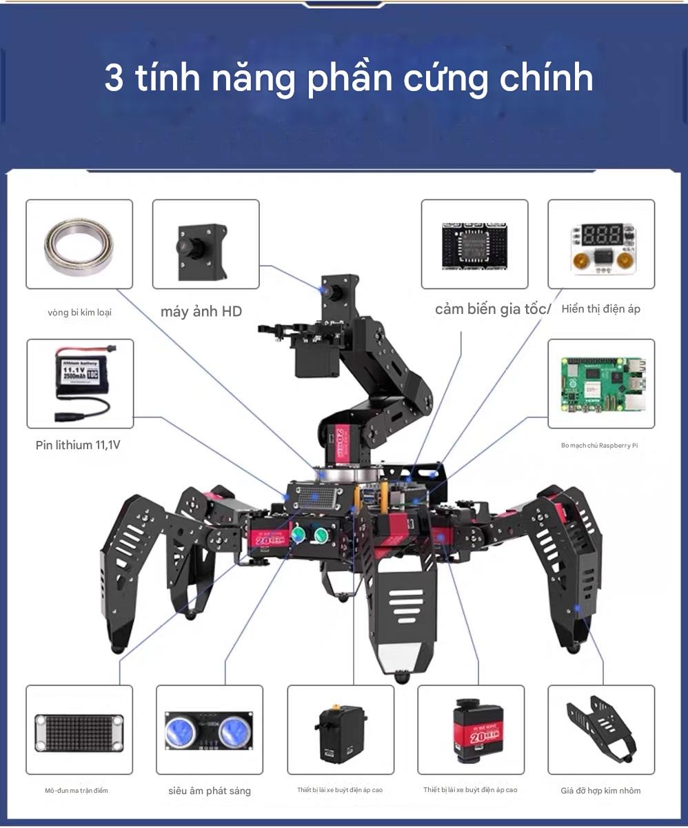 Robot Nhện Sinh Học Hexapod AI – SpiderPi Pro Nền tảng Raspberry Pi 5 • Tầm Nhìn Máy Tính • Lập Trình Python & ROS