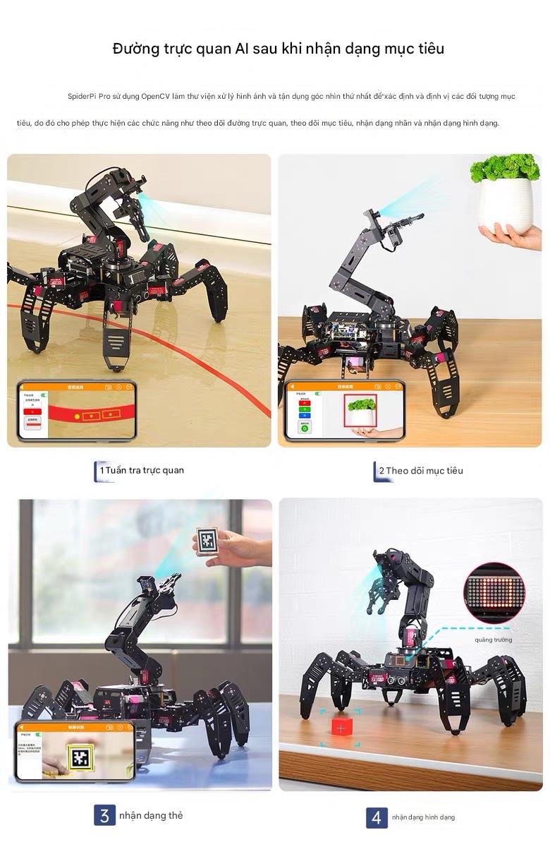 Robot Nhện Sinh Học Hexapod AI – SpiderPi Pro Nền tảng Raspberry Pi 5 • Tầm Nhìn Máy Tính • Lập Trình Python & ROS