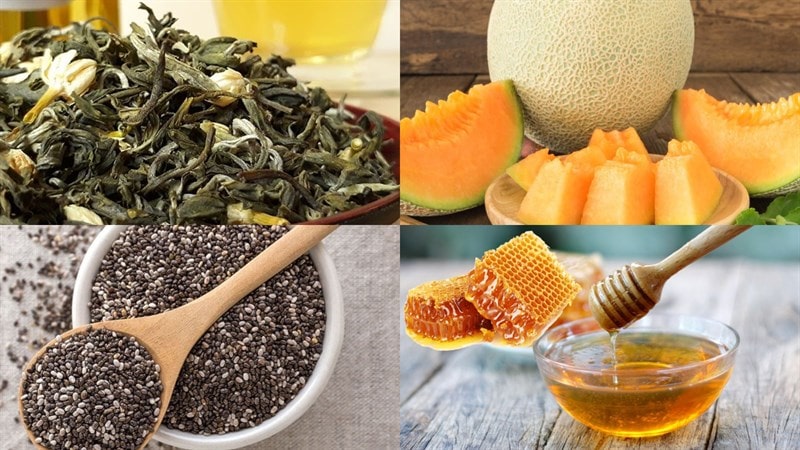 Các nguyên liệu chuẩn bị làm trà dưa lưới hạt chia