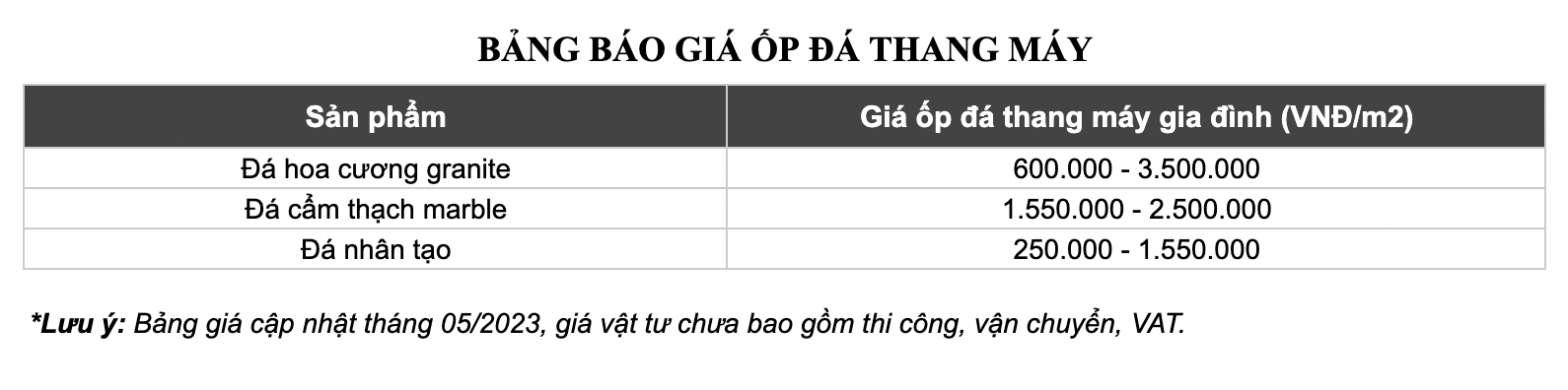BẢNG GIÁ ỐP ĐÁ THANG MÁY