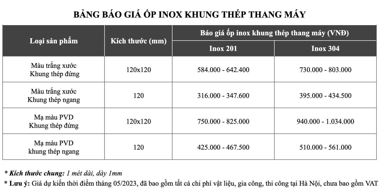 Bảng báo giá ốp inox khung thép thang máy