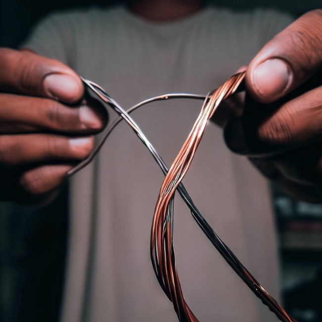 Một bức ảnh của một người cầm một sợi dây làm bằng inox 201 và một sợi dây khác làm bằng đồng