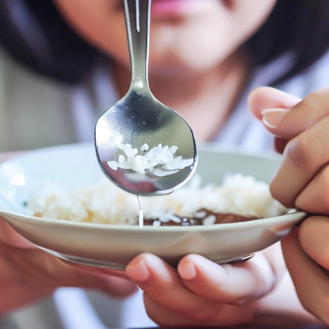 Một bức ảnh của một người đang ăn bằng thìa làm bằng inox 201