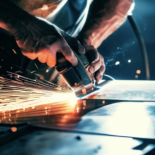 Một bức ảnh của một thợ hàn đang cắt một tấm inox 201