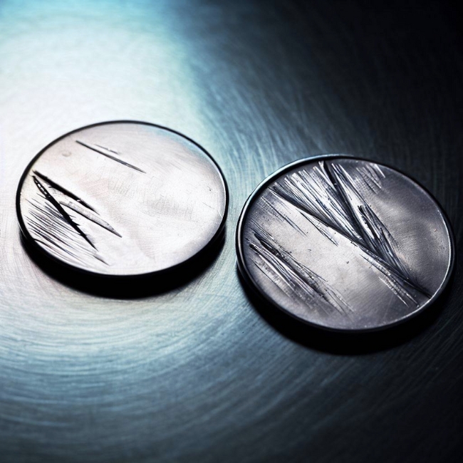 Ảnh của hai đồng xu, một làm bằng thép inox 201 và một làm inox 304, bị trầy xước bằng dao, inox 201 có ít vết xước hơn