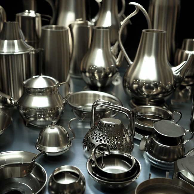 Ảnh các sản phẩm khác nhau được làm từ inox 304 và 201 như đồ dùng nhà bếp, vật dụng trang trí