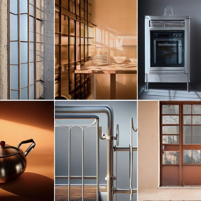 Ảnh ghép các hình ảnh cho thấy các sản phẩm khác nhau được làm từ inox 304 như cửa sổ, cửa ra vào, lan can, bàn ghế, tủ bếp, bồn rửa,...